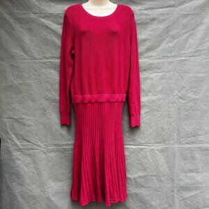 Boden Size 10L Bright Pink Knit Mini Dress Pleated Long Sleeves D0341